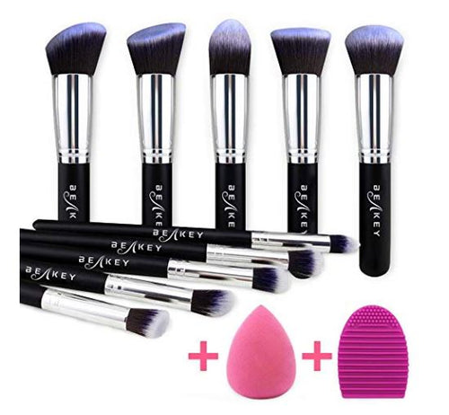 Makeup Brush Set, Premium Synthetic Kabuki Foundation Face Powder Blush Eyeshadow Brushes Makeup Brush Kit with Blender Sponge and Brush Cleaner (10+2pcs, Black/Silver)